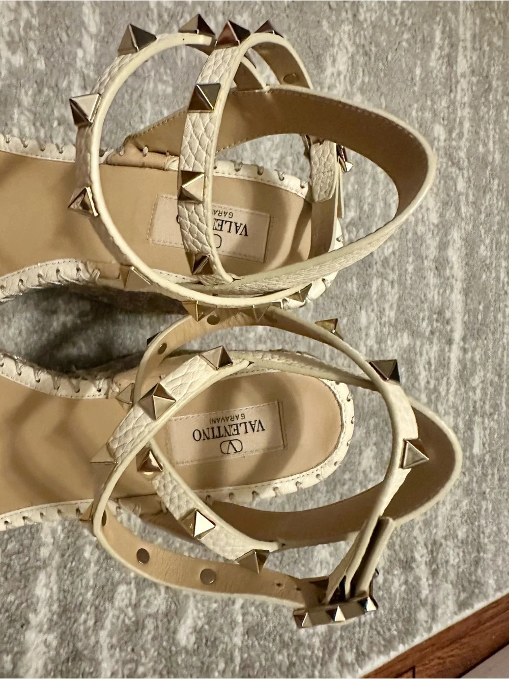Valentino Ivory Leather Rockstud Ankle-Strap Wedge Sandals